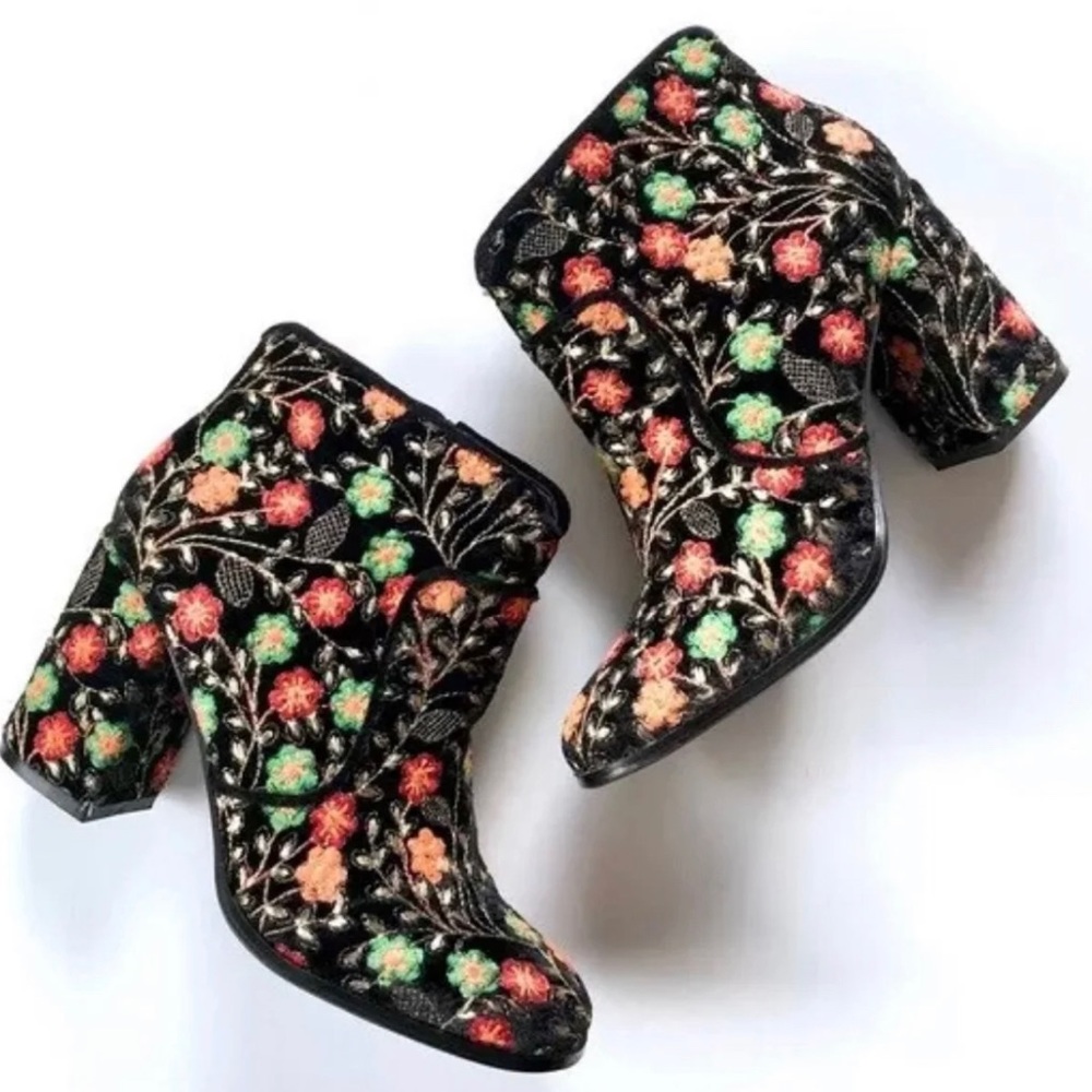 Fergie Black Floral Embroidered Ankle Boots